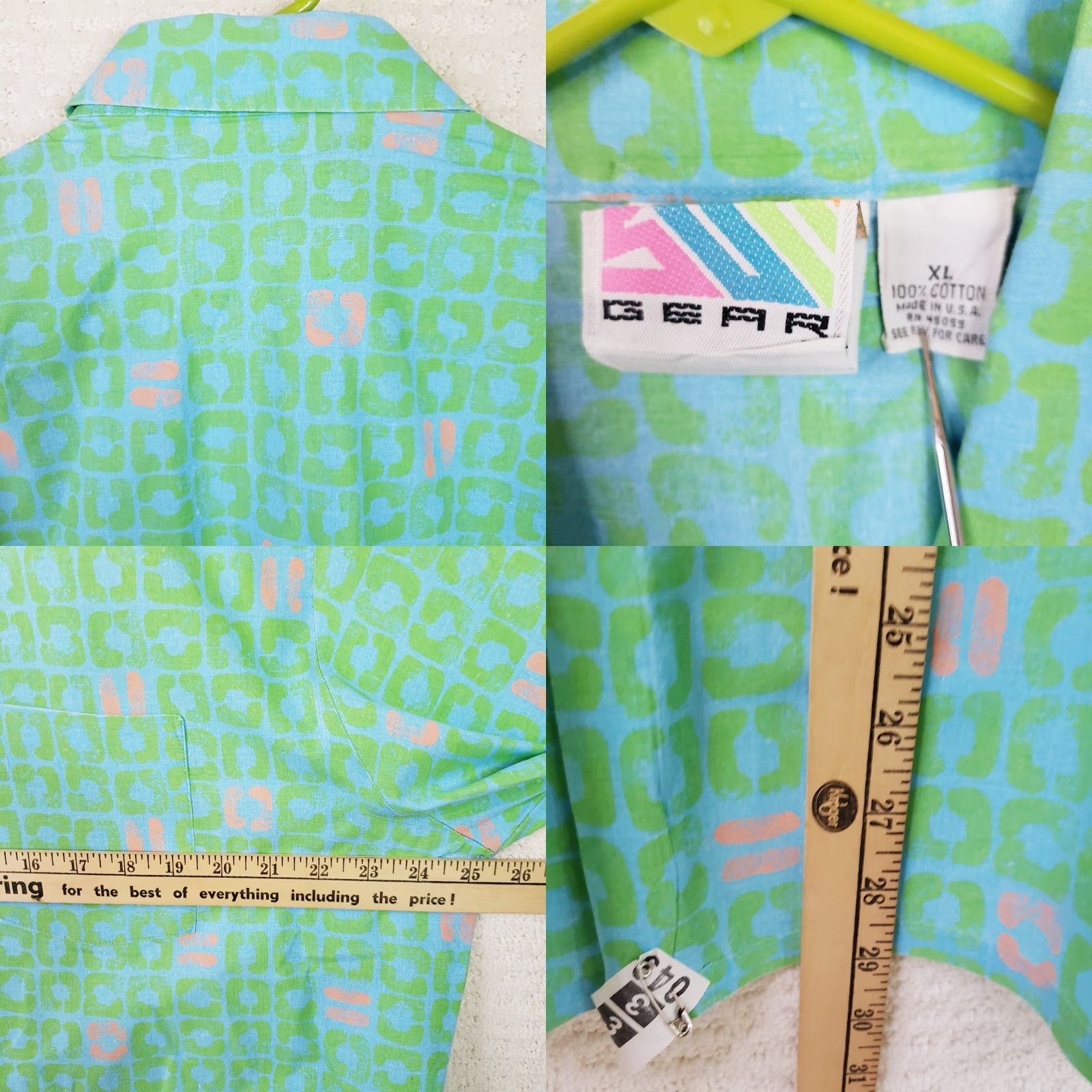 Pinko VINTAGE Surf Gear Shirt XL Adults Green Pink 1990s Short Sleeve Button-Front Hawaiian Cotton Shirt Mens Size US XL / EU 56 / 4 - 9 Thumbnail