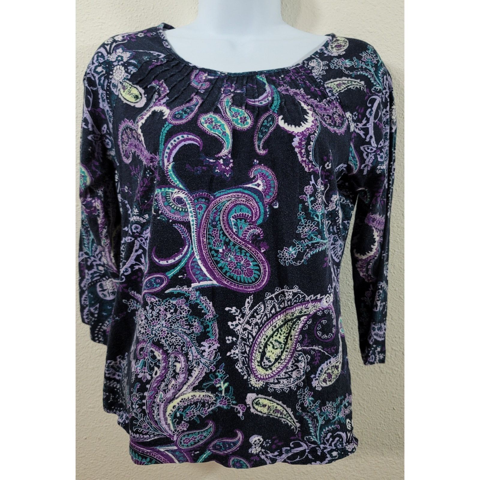 Other Talbots Navy Blue Purple Teal Paisley Print Top MP Stretchy Size M / US 6-8 / IT 42-44 - 1 Thumbnail