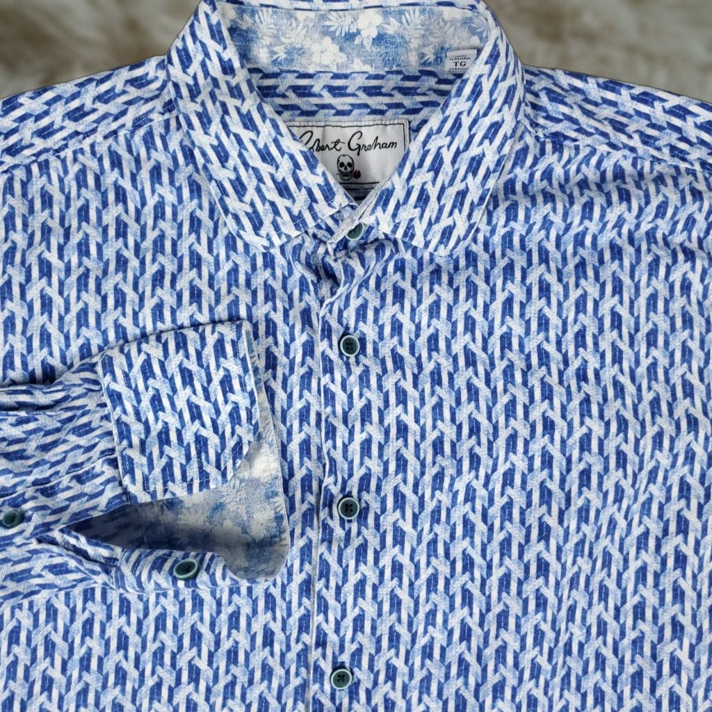 Robert Graham Robert Graham Shirt Mens XL Blue Button-Up Long Sleeve Cotton Linen Geometric Pattern Classic Modern Preppy Vintage No Size US XL / EU 56 / 4 - 1 Thumbnail