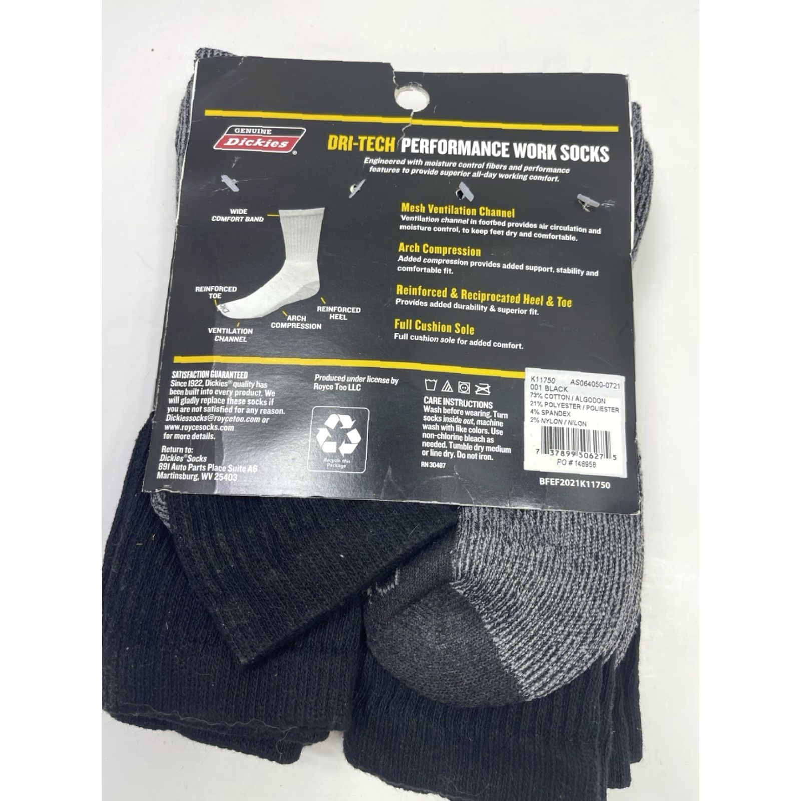 Dickies DICKIES CREW SOCKS 5 Pairs 6-12 Black ARCH SUPPORT Cotton Blend Big & Tall Mens Size ONE SIZE - 2 Thumbnail