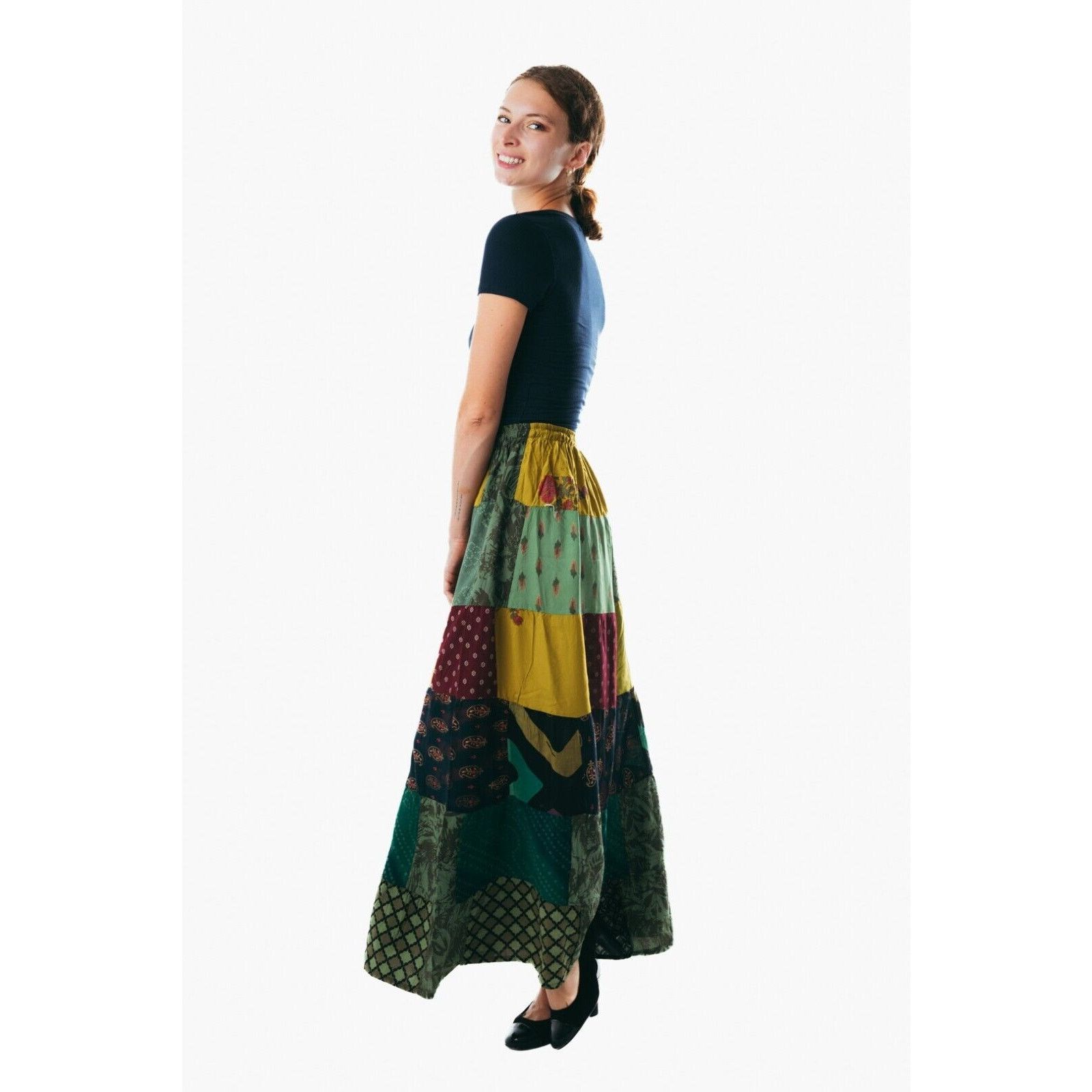 Other Boho Patchwork green maxi long cotton Skirt Gypsy Hippie Size 35" - 2 Thumbnail