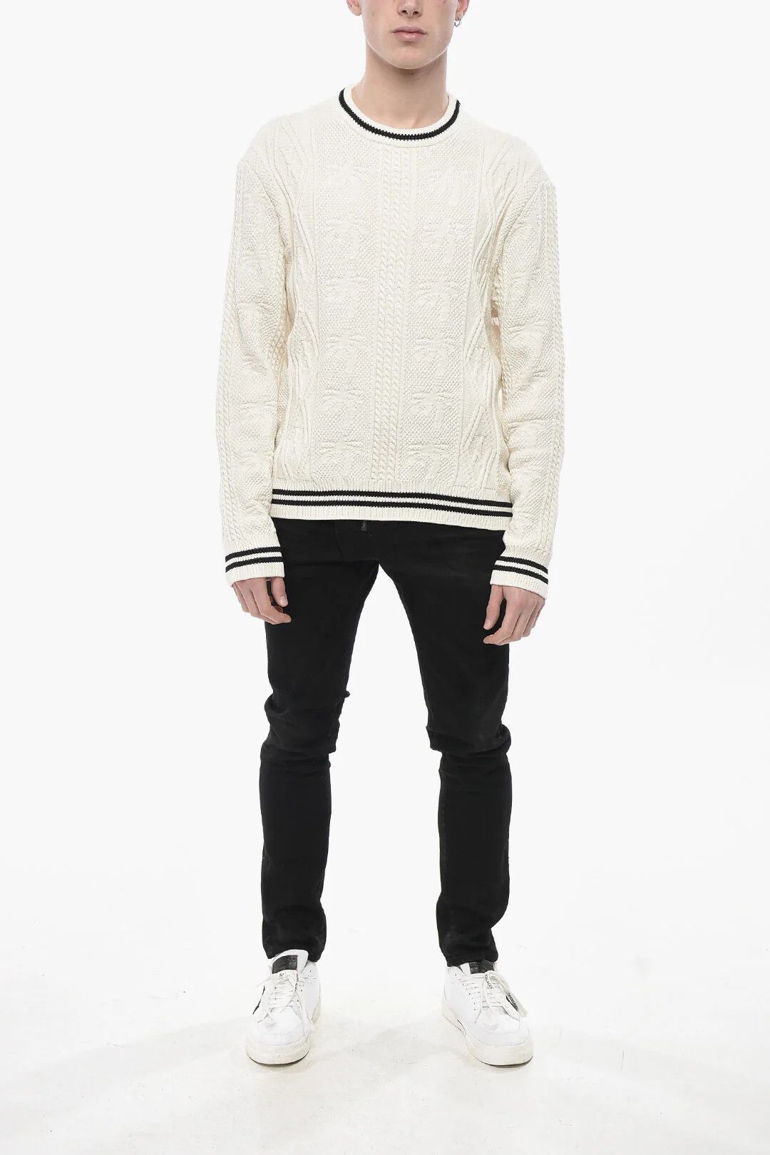 Palm Angels og1mm0326 Cotton-Blend Cable Knit Crewneck Sweater in white Size US S / EU 44-46 / 1 - 4 Thumbnail