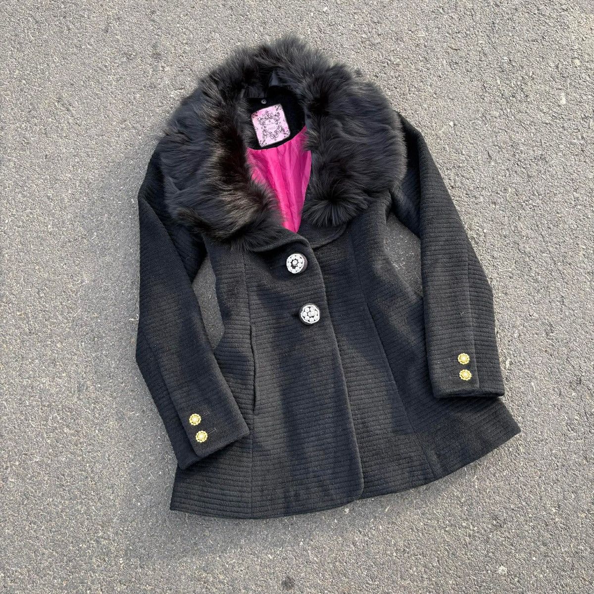 Japanese Brand Honey Bunch Black Wool Coat with Faux Fur Collar Y2K Size S / US 4 / IT 40 - 13 Thumbnail