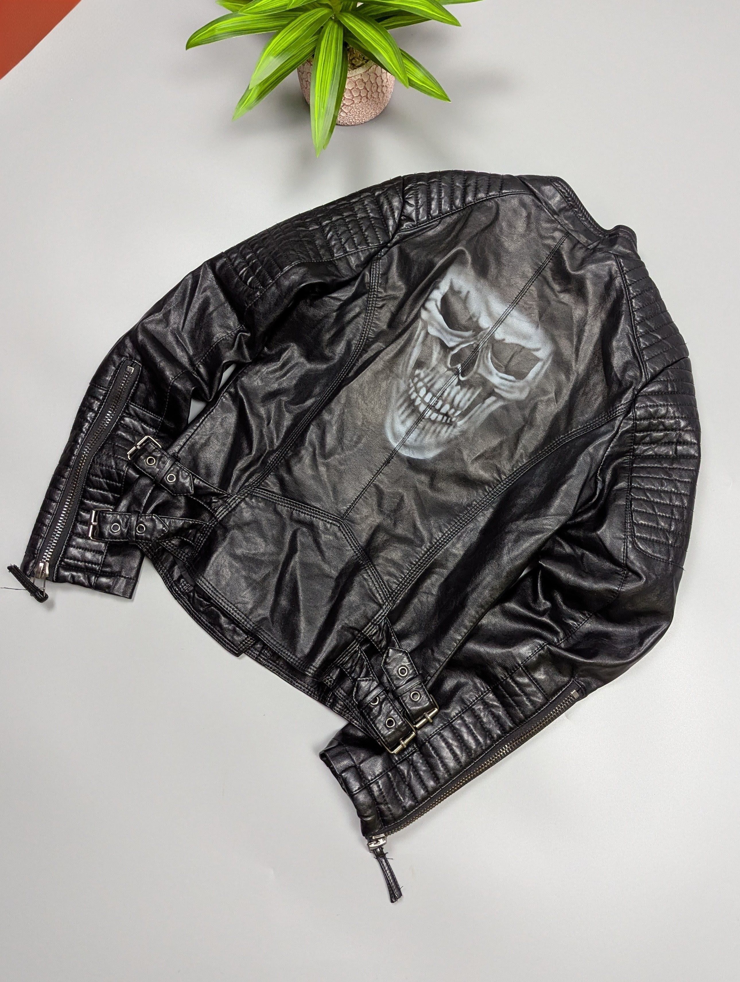 Women’s Black Motorcycle Biker Jacket with Skull Back Print
