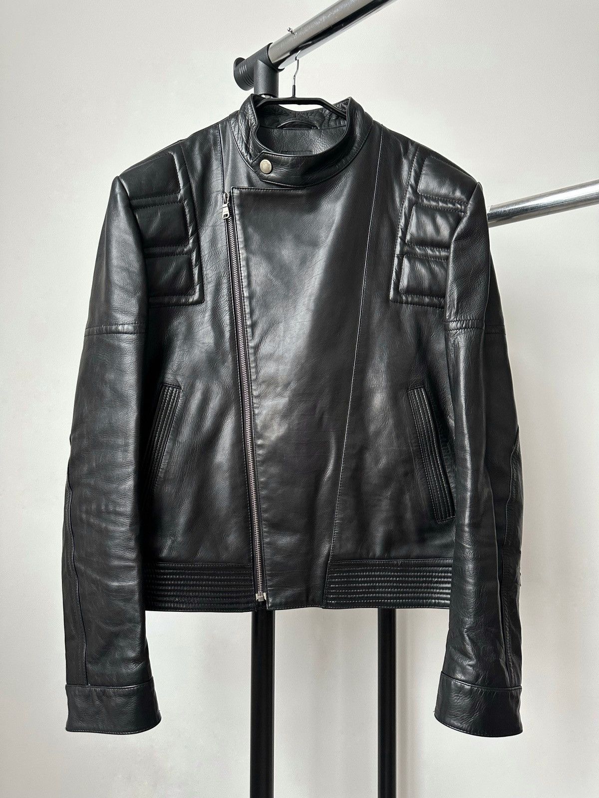 Luxury Hugo Boss Asymmetrical Zip Black Leather Biker Jacket