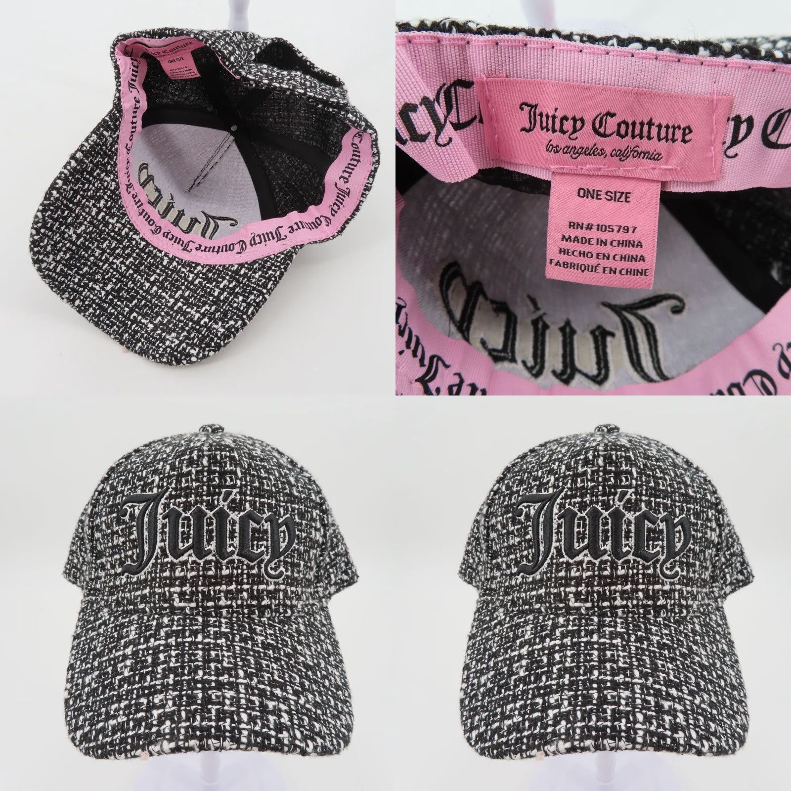 Juicy Couture Juicy Couture Baseball Hat Cap Women One Size Black White Tweed Embroidered NEW OSFM Adjustable Hats Urban Casual Size ONE SIZE - 8 Thumbnail