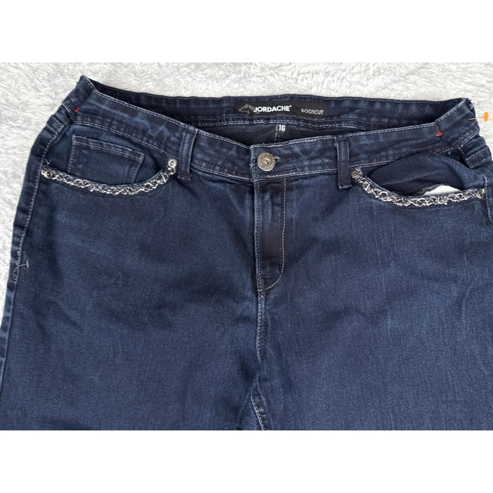 Jordache Jordache Jeans Bootcut Womens 16 Dark Blue Denim Mid Rise Stretch 5-Pocket Embroidered Rhinestone Jeans Womens 16 Vintage No Size 38" / US 16 / IT 52 - 4 Thumbnail