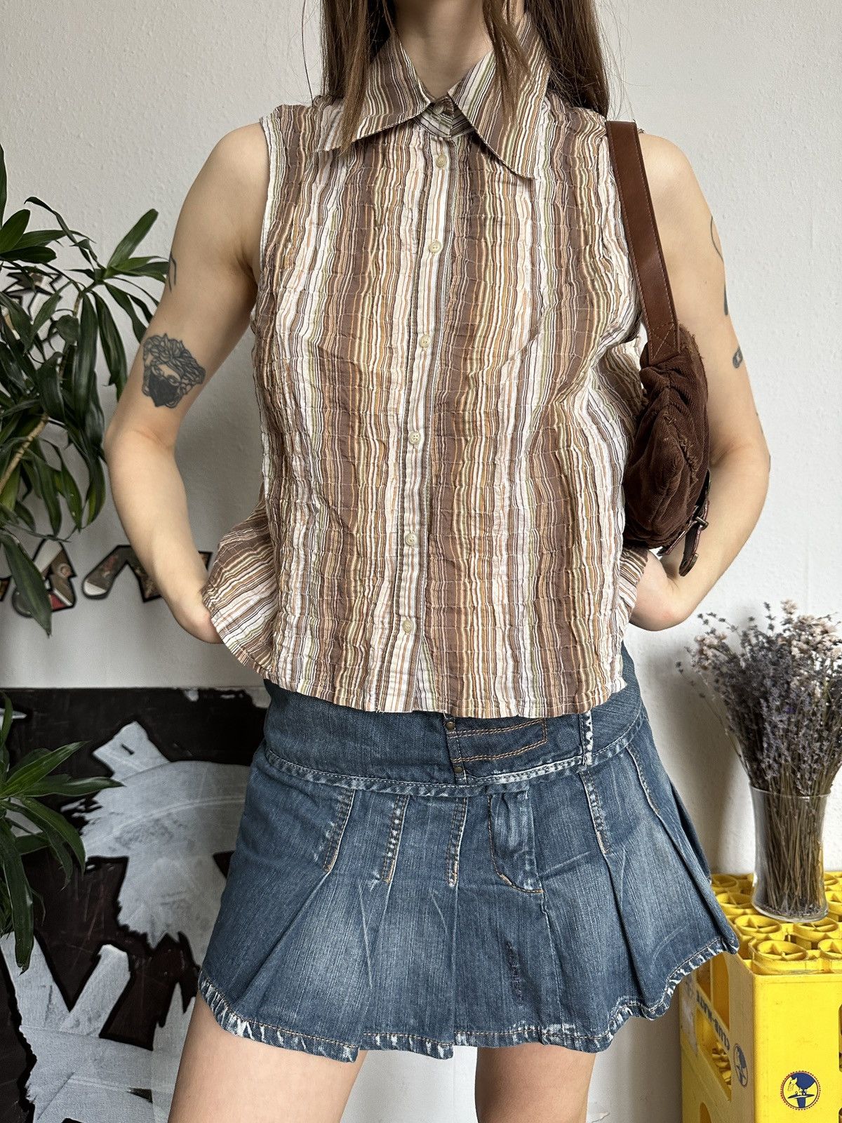 Japanese Brand × Vintage Striped Collared Crinkle Ruffle Blouse Top Cottage 00s Size XL / US 12-14 / IT 48-50 - 2 Thumbnail