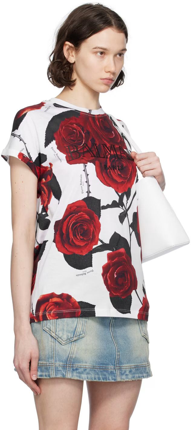 Balmain o1s1wg110125 Rose Print T-Shirt in Multicolor Size S / US 4 / IT 40 - 2 Thumbnail