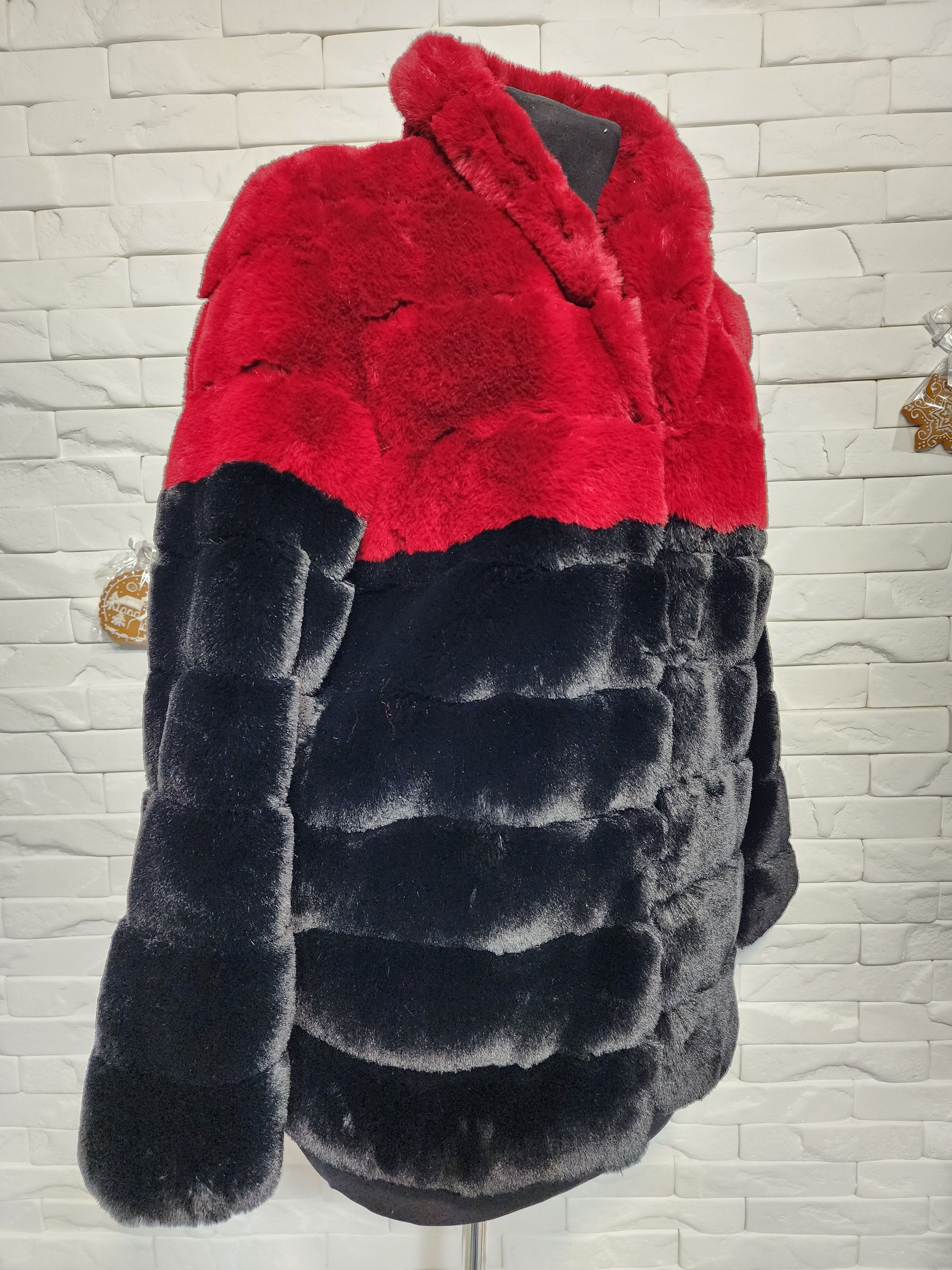 Furla Red @ Black Faux Fur Coat: Women's Warm Winter Outerwear Size M / US 6-8 / IT 42-44 - 3 Thumbnail