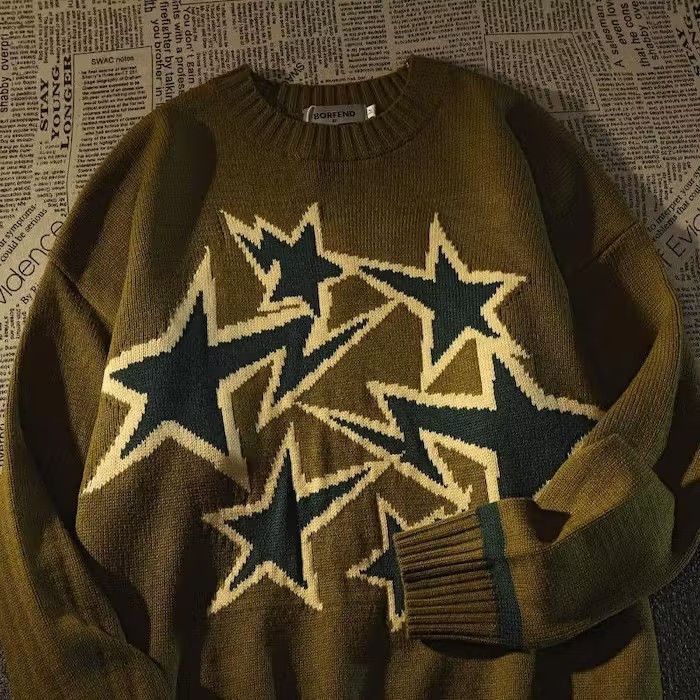 image of Vintage American Retro Star Sweater in Brown, Men's (Size Large)