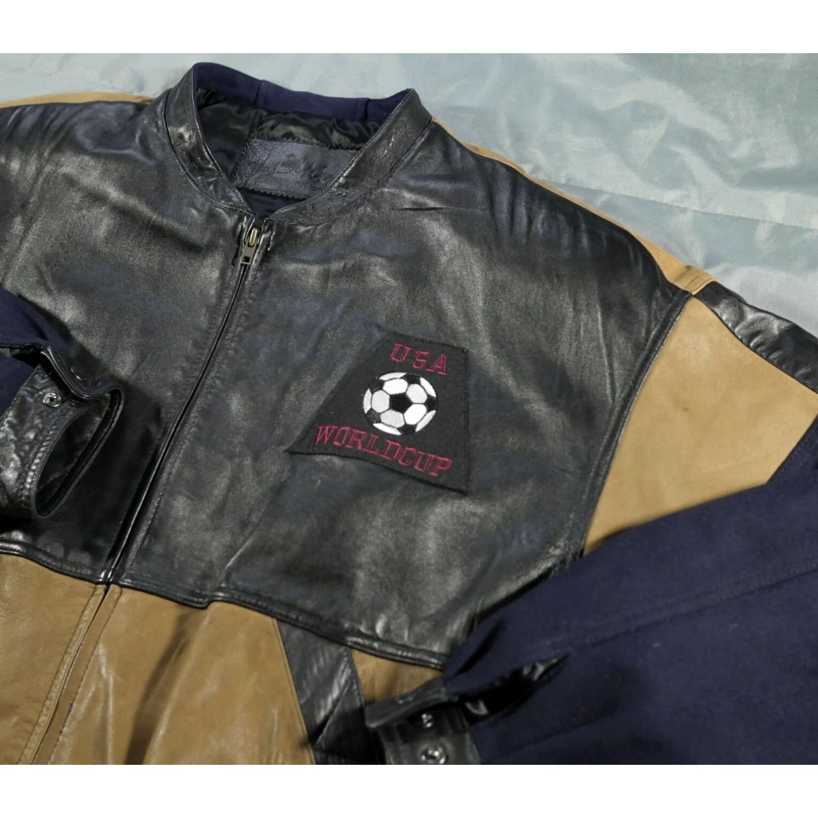 Vintage VINTAGE J Elkins USA World Cup Jacket Mens Black Brown Leather Wool 90s Bomber Jacket Short Zip Lined Full Zip All Seasons Fashion Sports USA Mens Size US XXL / EU 58 / 5 - 3 Thumbnail