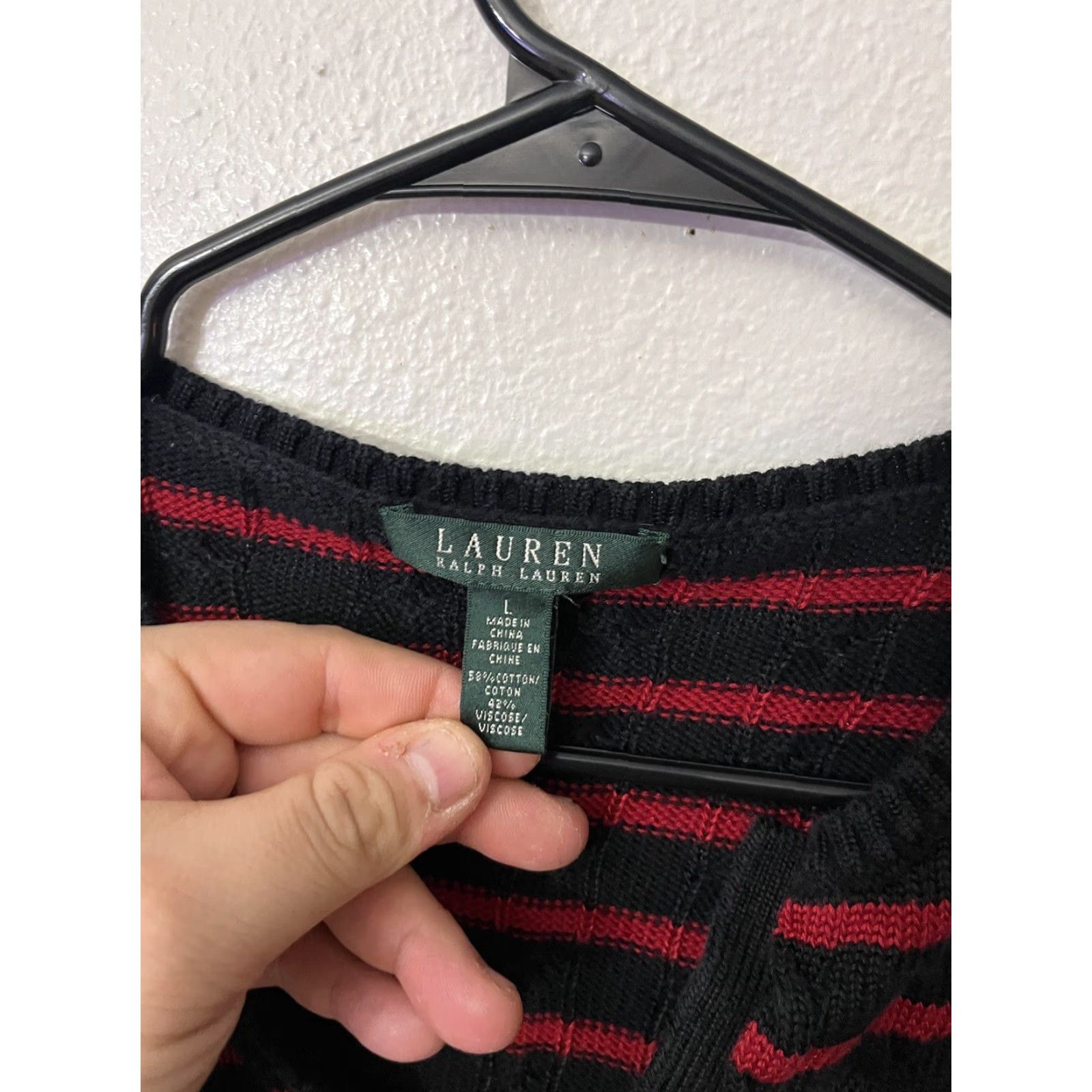 Ralph Lauren VINTAGE Lauren Ralph Lauren Womens Sweater Pullover Long Sleeve V-Neck Cable Knit Striped Cotton Blend Black Red Sizes Size L / US 10 / IT 46 - 2 Thumbnail