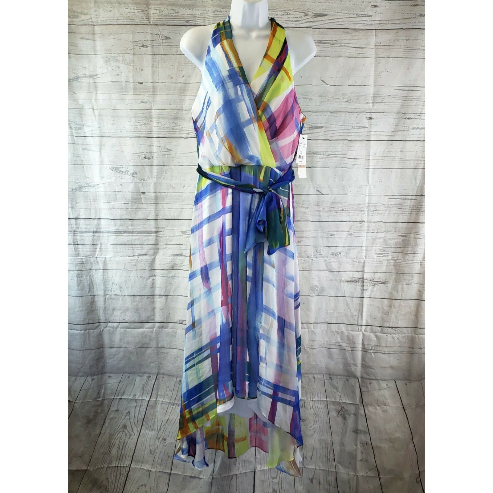 Vintage Leslie Fay Womens Hi-Low Dress Sz 12 White Blue V-Neck Belted Sleeveless Size XL / US 12-14 / IT 48-50 - 2 Thumbnail