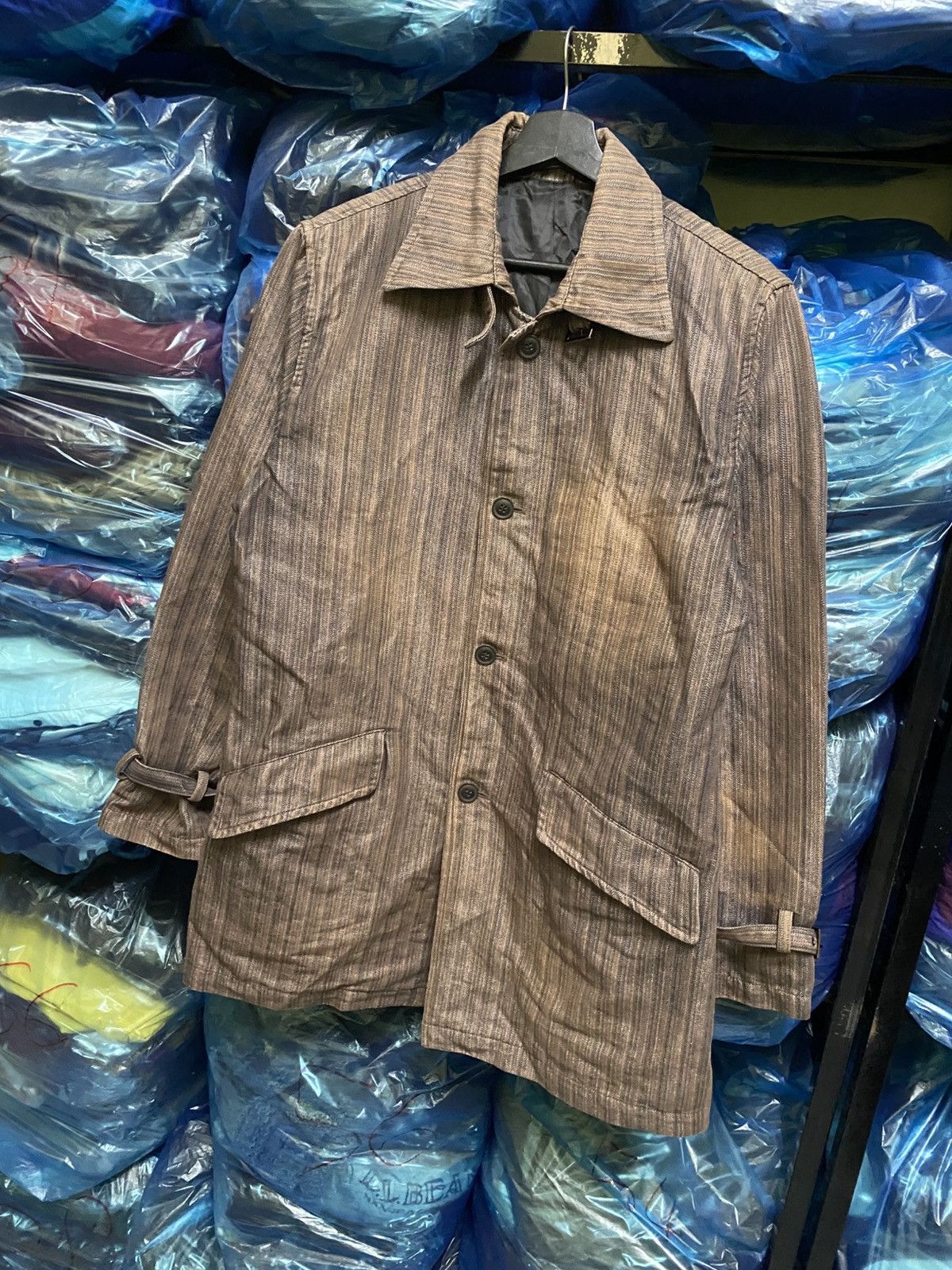 Japanese Brand PLACE PLAN Tokyo Brown Striped Cotton Blend Trench Coat Size US L / EU 52-54 / 3 - 4 Thumbnail