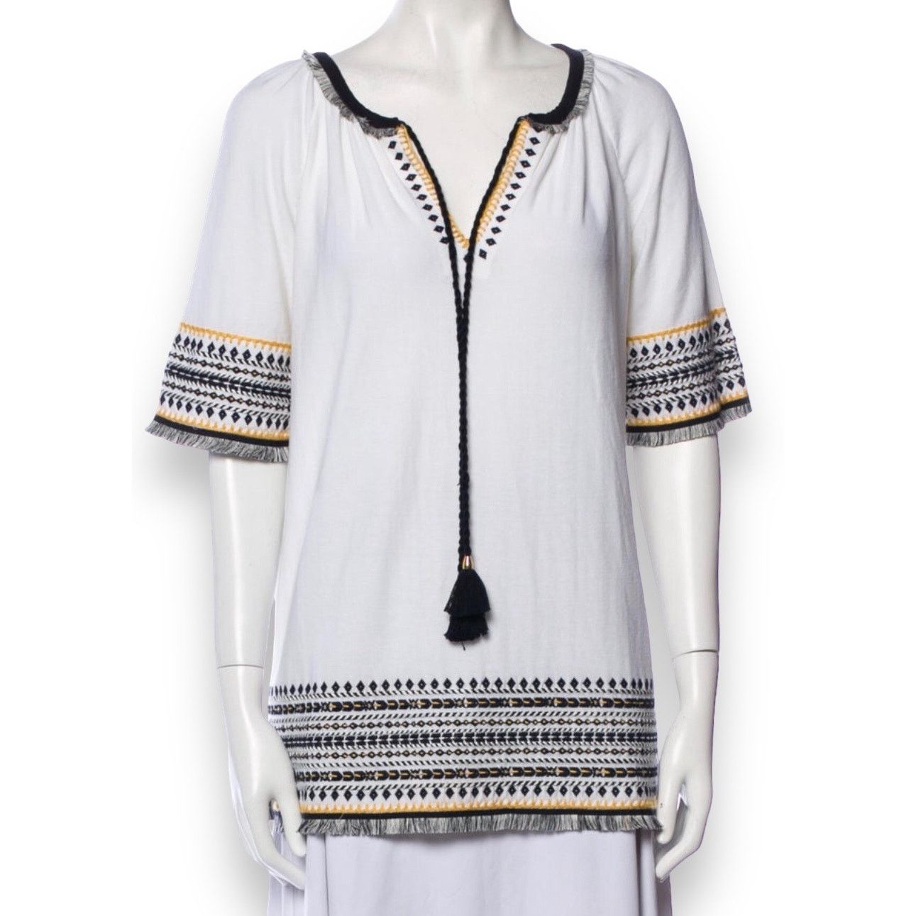 image of Tory Burch Embroidered Tunic With Tassel And Fringe Trim in White, Women's (Size Medium)