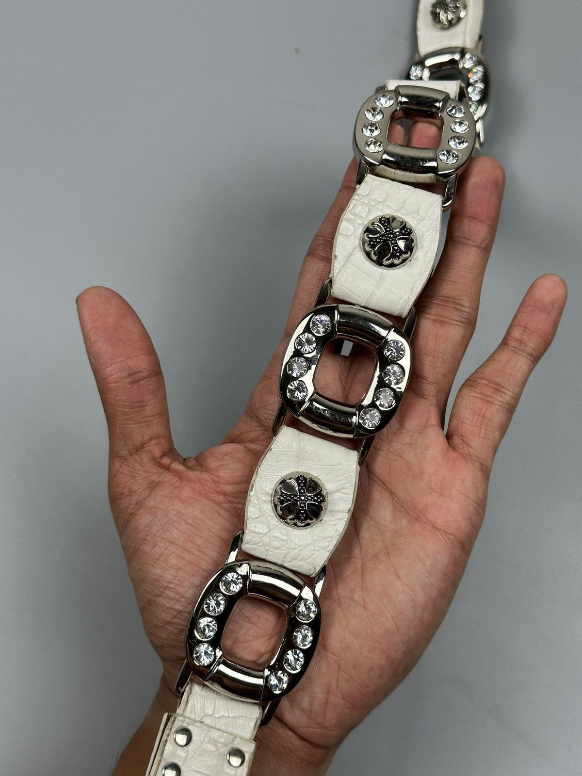 If Six Was Nine Rare Chrome Hearts Inspired White Leather Diamond Studs Belt Size 34 - 7 Thumbnail