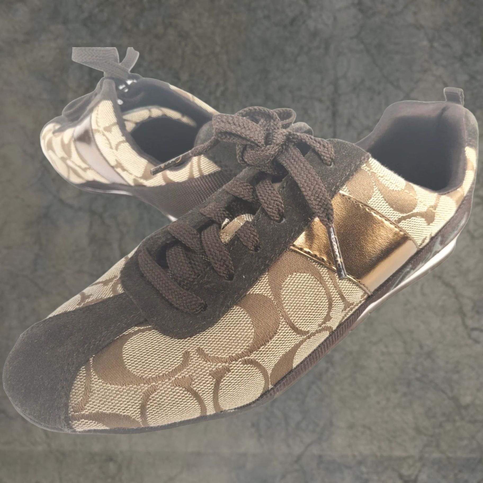 Coach Coach Hadley Sneaker Women’s 6.5M Brown Gold Coach Logo Fabric & Suede Shoe, Athletic, Casual, Low Top, Lace Up, Comfortable, Rubber Outsole, M Width Size US 7 / IT 37 - 1 Thumbnail