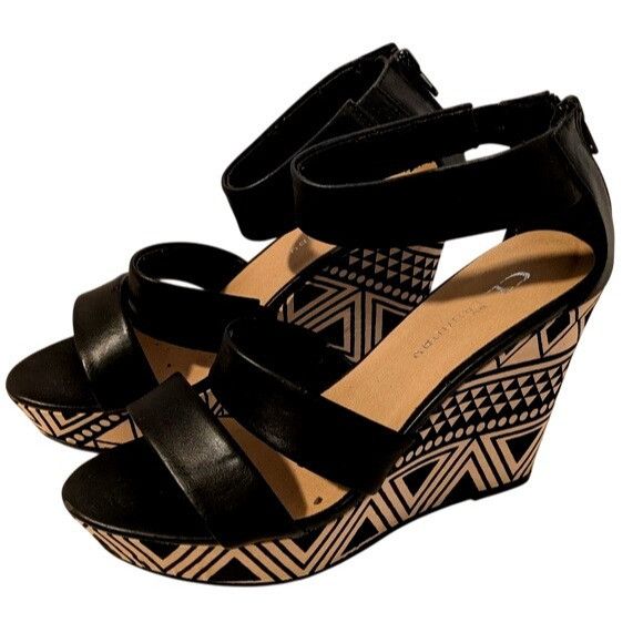 Other Black & White Geometric Pattern Wedge Sandals With Ankle Str Size US 8 / IT 38 - 2 Thumbnail