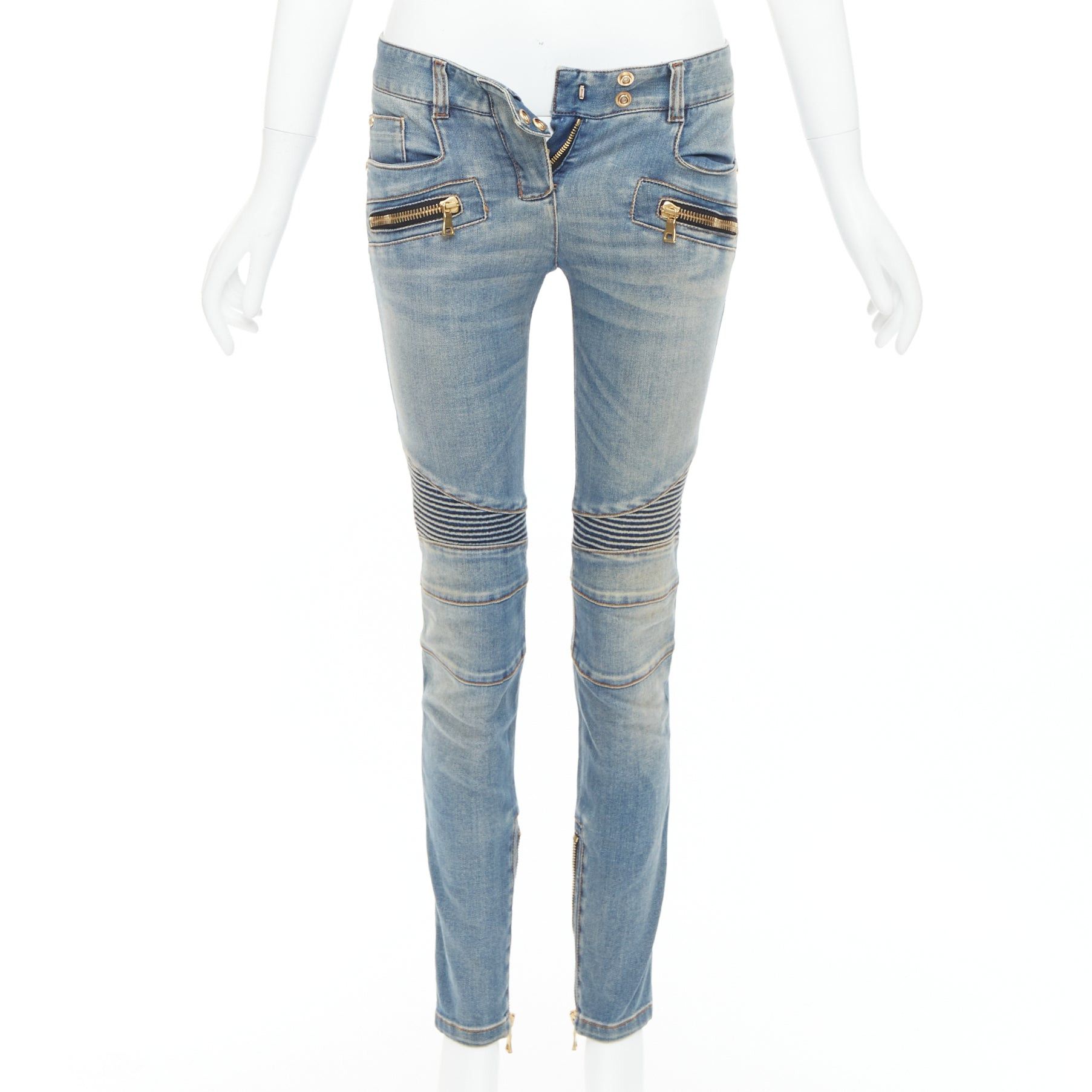 Balmain BALMAIN blue faded washed ribbed denim moto biker jeans FR36 S Size 27" / US 4 / IT 40 - 1 Thumbnail