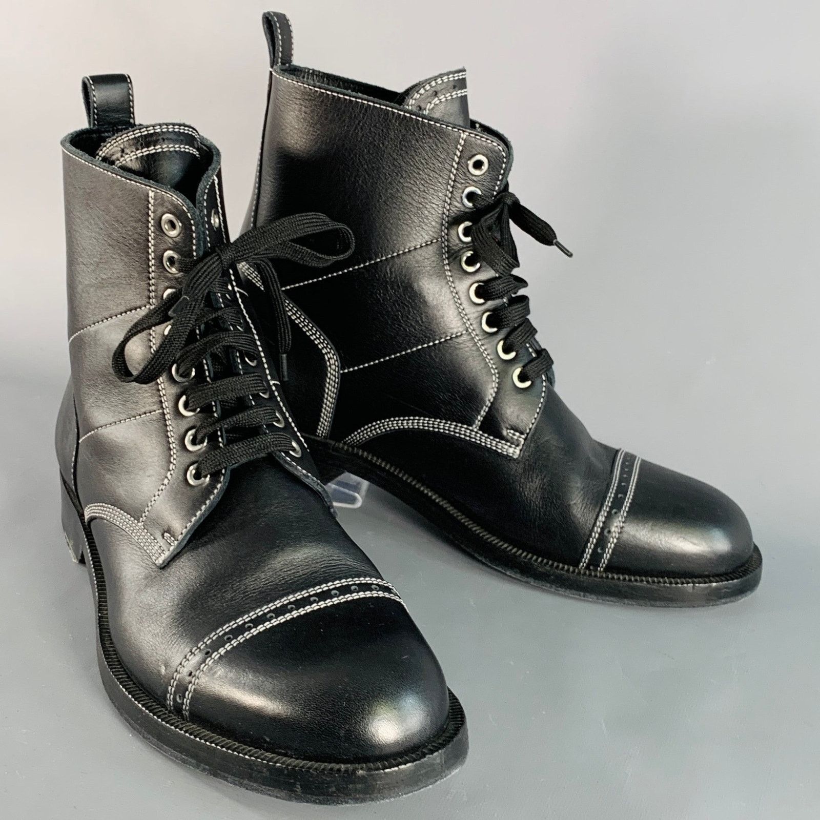 Loewe 12 Black White Contrast Stitch Leather Military Boots Size US 12 / EU 45 - 1 Thumbnail