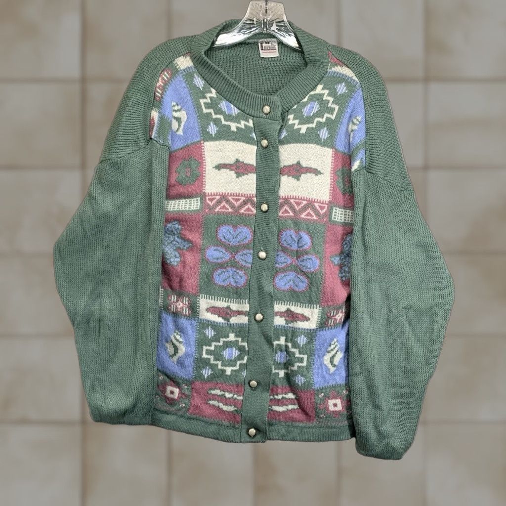 Nautica VINTAGE Womens Bay Green Chunky Knit Cardigan Sweater XL Geometric Pattern Breathable Casual Travel Nautical Bohemian London Style Acrylic Knit Size XL / US 12-14 / IT 48-50 - 1 Thumbnail