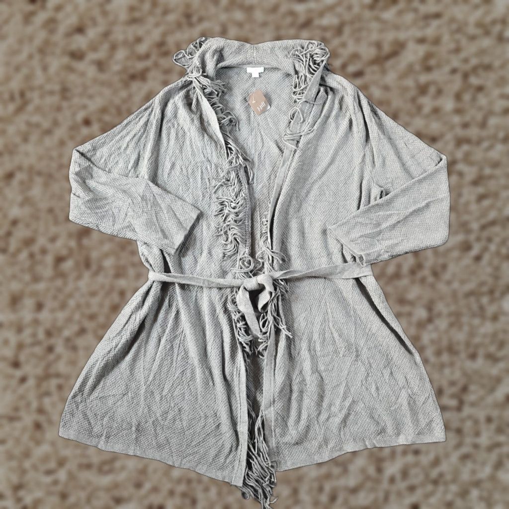 J. Jill J. Jill Sweater Womens Size XL Gray Waffle-Knit Fringe Belted Long Sleeve Casual Cardigan Size XL / US 12-14 / IT 48-50 - 1 Thumbnail