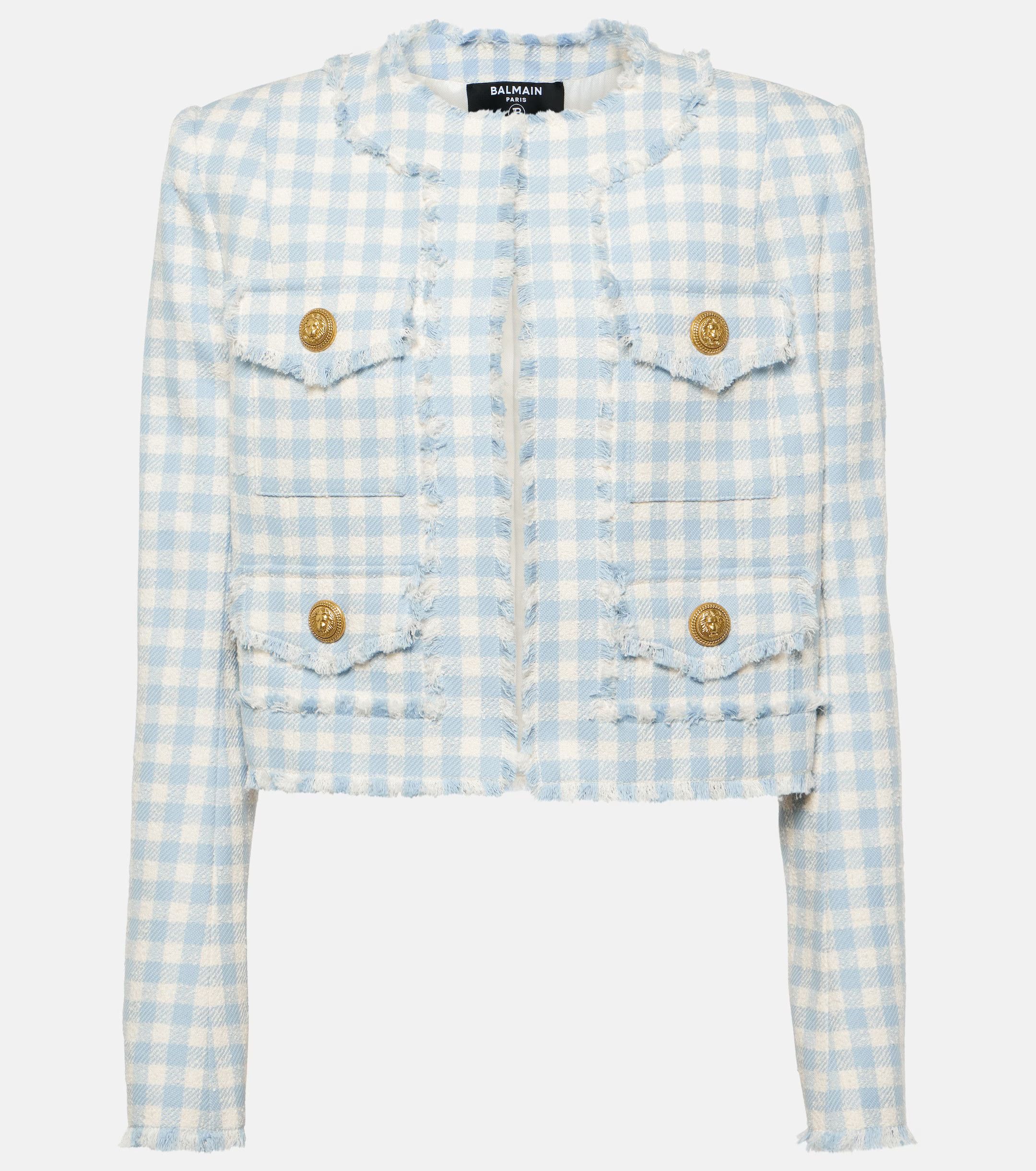 Balmain o1w1db10624 Collarless Vichy Jacket in White Size M / US 6-8 / IT 42-44 - 1 Thumbnail
