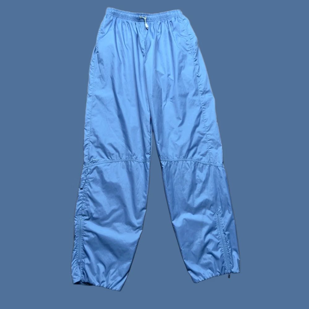 Nike VTG Y2K Nike Mens Track Pants Light Blue M Nylon Windbreaker Pockets Drawstring Ankle Zips 31in Inseam Sports Athleisure 90s Mens Size US 31 - 1 Thumbnail