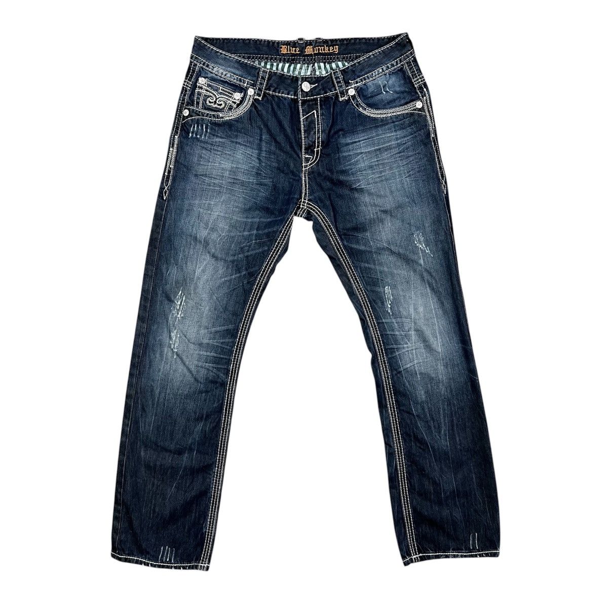 Other Blue Monkey Straight Leg Jeans Blue Denim Fleur De Lis Sz 36 Size US 36 / EU 52 - 2 Thumbnail