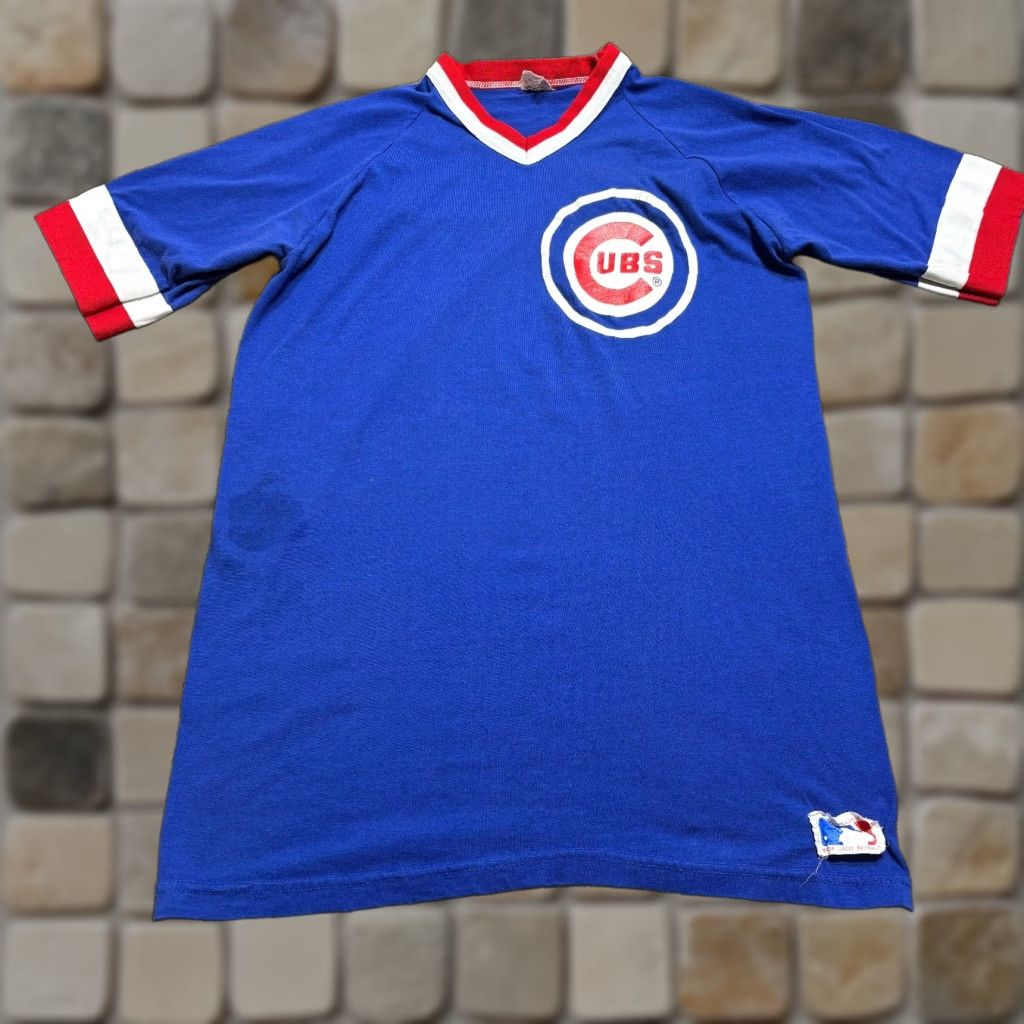 Vintage VINTAGE Chicago Cubs Ringer Tee XL Blue Sand Knit Knit T-Shirt USA Men Short Sleeve V-Neck 70s 80s Size US XL / EU 56 / 4 - 1 Thumbnail