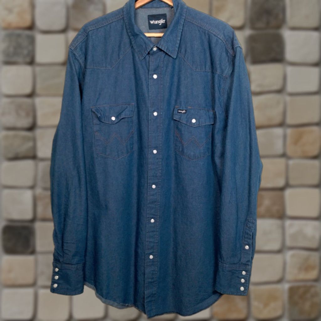 Wrangler Wrangler Denim Pearl Snap Shirt Men 2XT Tall Blue Long Sleeve Ranch Cowboy Rodeo Shirt Size US XXL / EU 58 / 5 - 1 Thumbnail