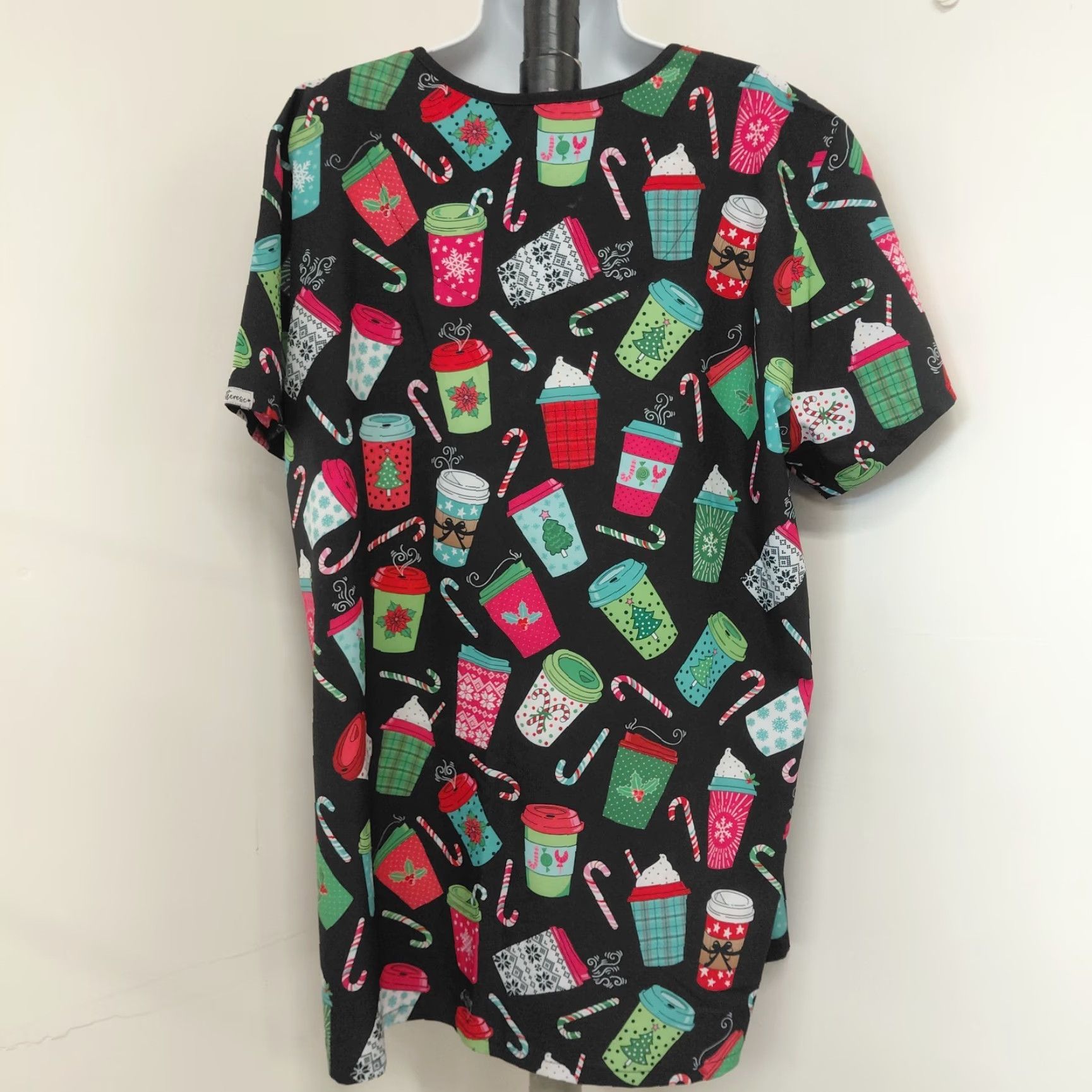 Pinko Ava Therese Holiday Scrub Top Women 2XL Pink Black Coffee Cups Mugs Lid Size XXL / US 16-18 / IT 52-54 - 4 Thumbnail