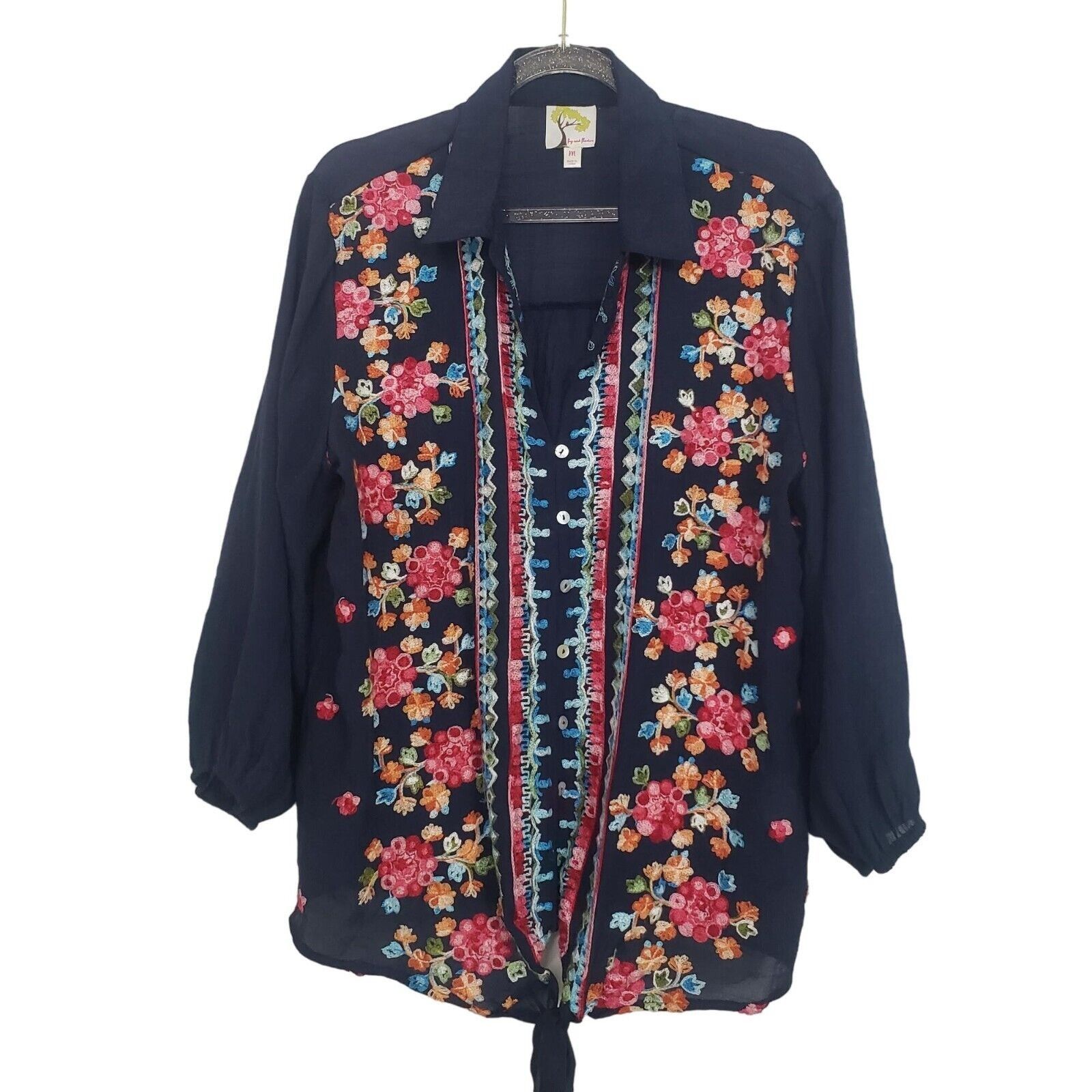 Designer Fig & Flower Emboidered Shirt Womens Size Medium Blue Floral Size M / US 6-8 / IT 42-44 - 1 Thumbnail