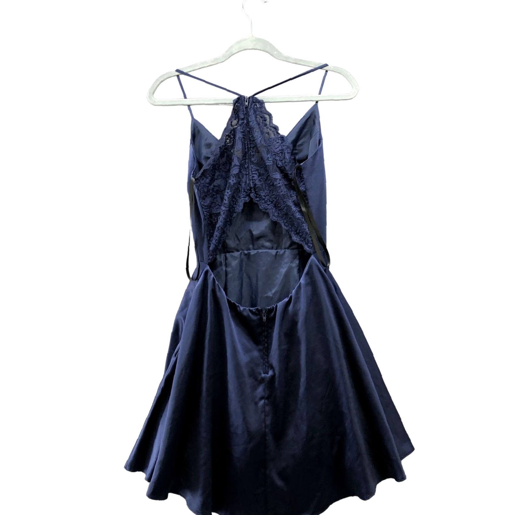 Vintage B. Darlin Satin Dress Size 7/8 Dark Blue Cut Out Lace Back Fit Flare Padded Cami Size M / US 6-8 / IT 42-44 - 2 Thumbnail