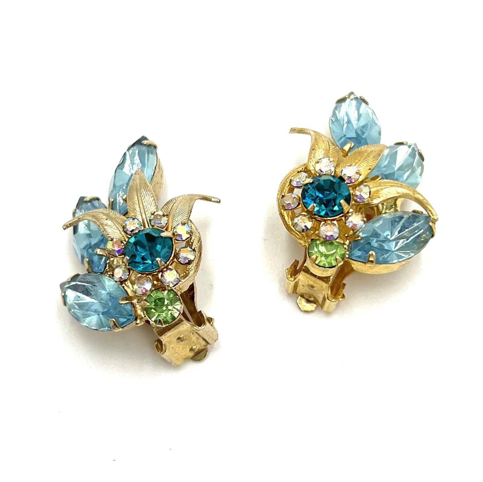 Alexander Julian Juliana Blue Green Rhinestone Glower Floral Clip-On Earrings Size ONE SIZE - 1 Thumbnail