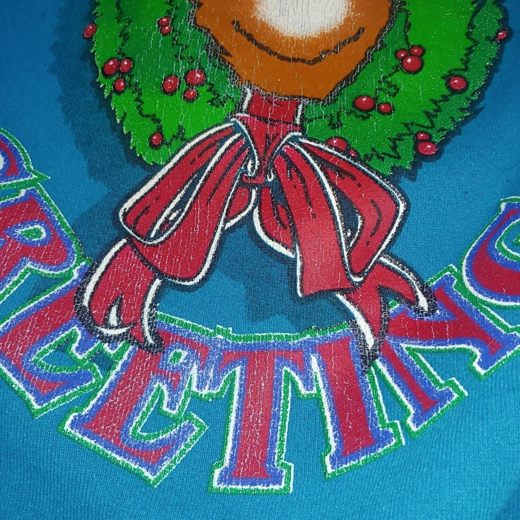 Vintage VINTAGE Seasons Greetings Sweatshirt Large XL Turquoise Crewneck Holly Bear Wreath Graphic Unisex Adults Christmas Holiday Retro Size US XL / EU 56 / 4 - 7 Thumbnail