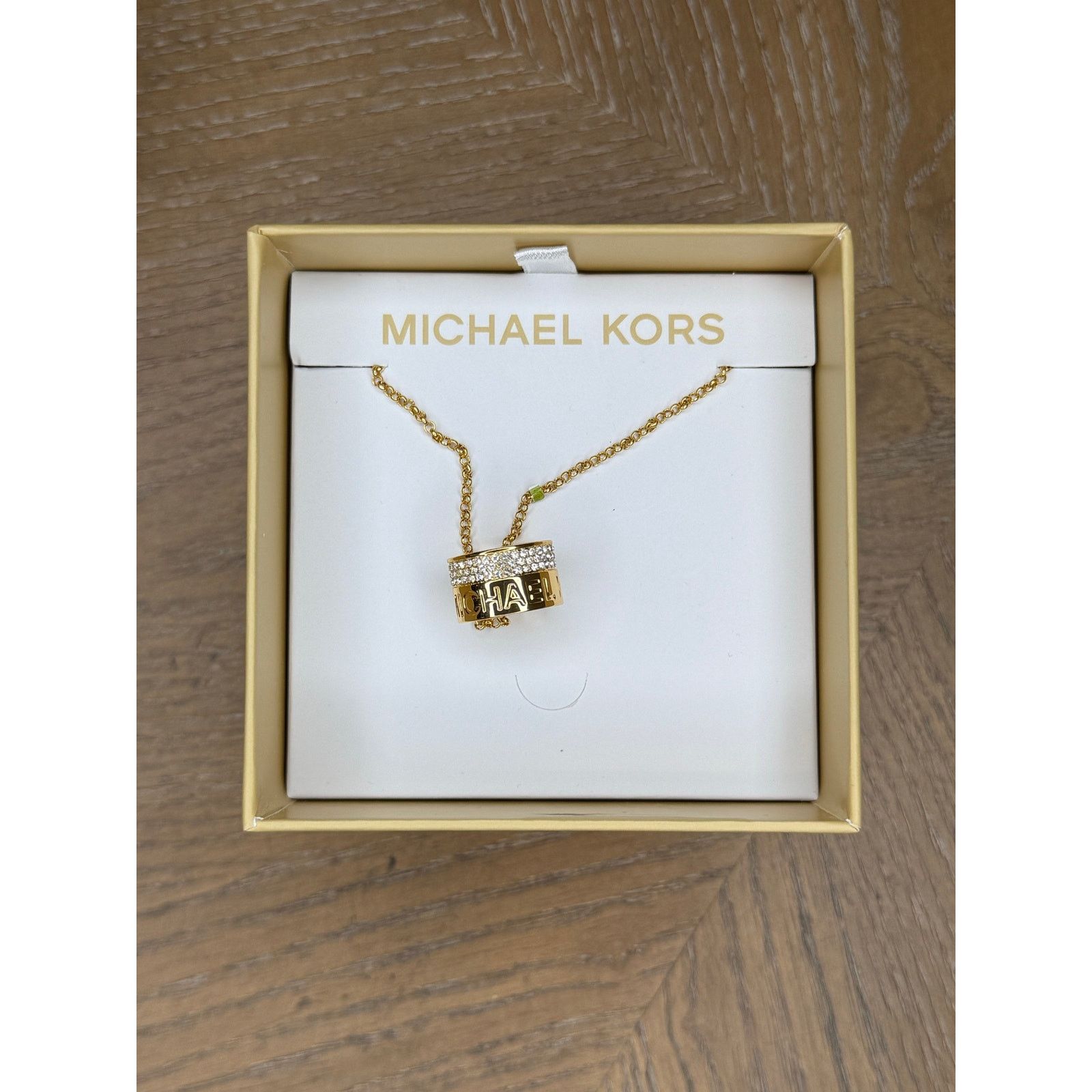 Michael Kors Michael Kors Gold Tone Barrel Pendant Necklace Crystal Logo Size ONE SIZE - 3 Thumbnail