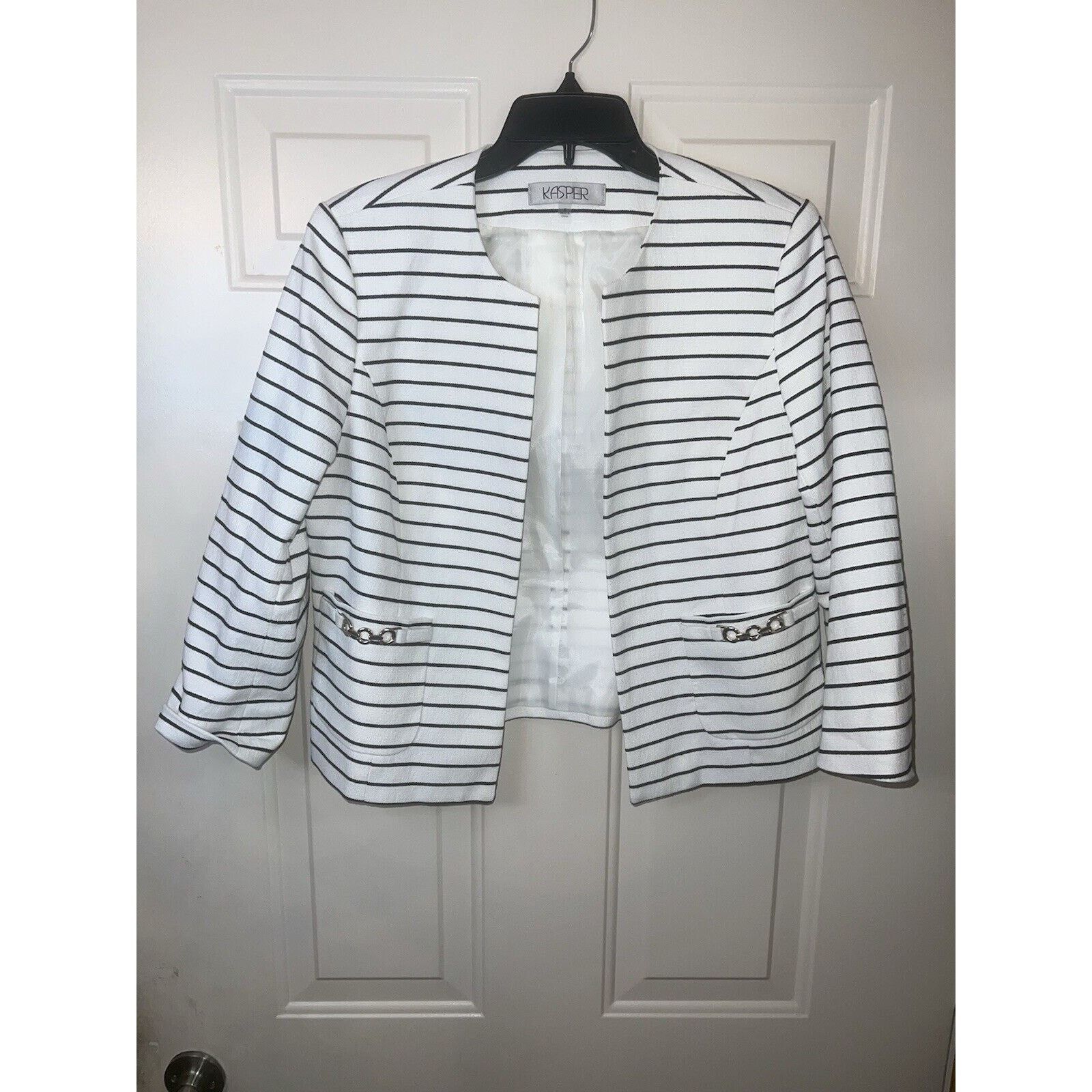 The Unbranded Brand Kasper Open-Front Blazer Jacket Women's Size 8 White Striped Size M / US 6-8 / IT 42-44 - 4 Thumbnail