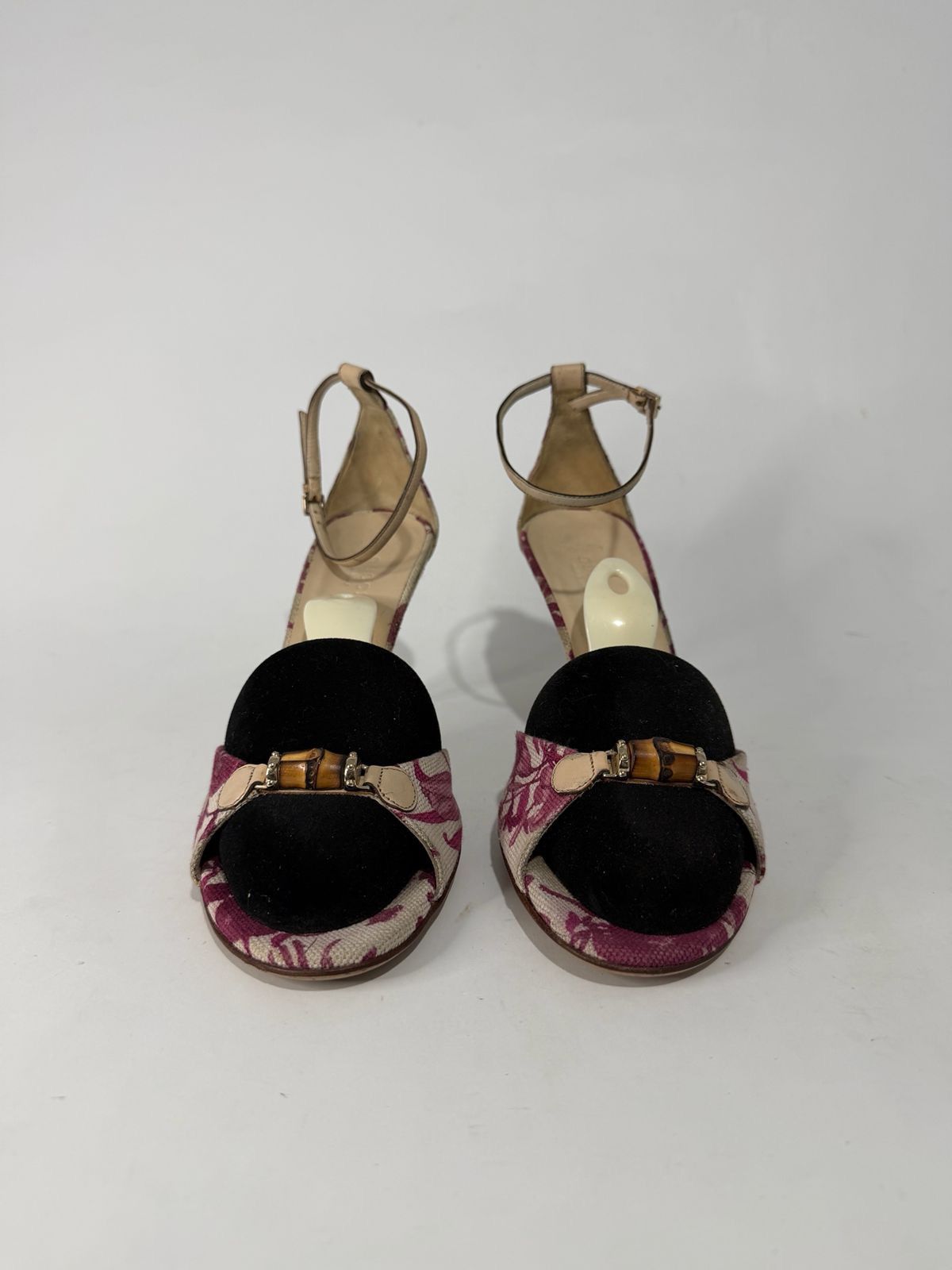 Gucci Pink Flora Canvas Bamboo Ankle Strap Sandals EU38