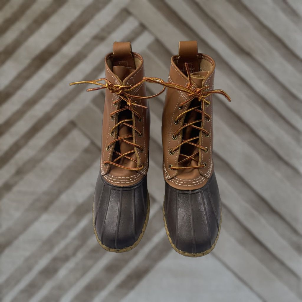 Vintage LL Bean Boots Women's 7M Tan Brown Leather L.L.Bean Bean Boots Duck Rain Boot Lace Up M Rubber Block Heel Flat Hunting Size US 7 / IT 37 - 1 Thumbnail