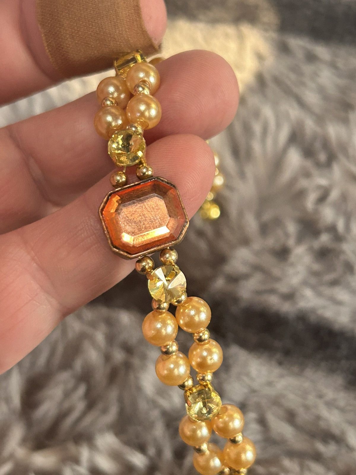 Handmade Handcrafted vintage gem citrine dome crystal pearl bracelet Size ONE SIZE - 4 Thumbnail
