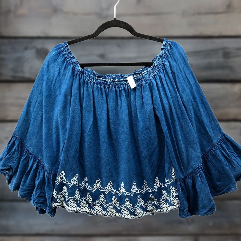 Vintage Elan Off Shoulder Bell Sleeve Top Womens M Blue Eyelet Hem Boho Mineral Wash Size M / US 6-8 / IT 42-44 - 1 Thumbnail