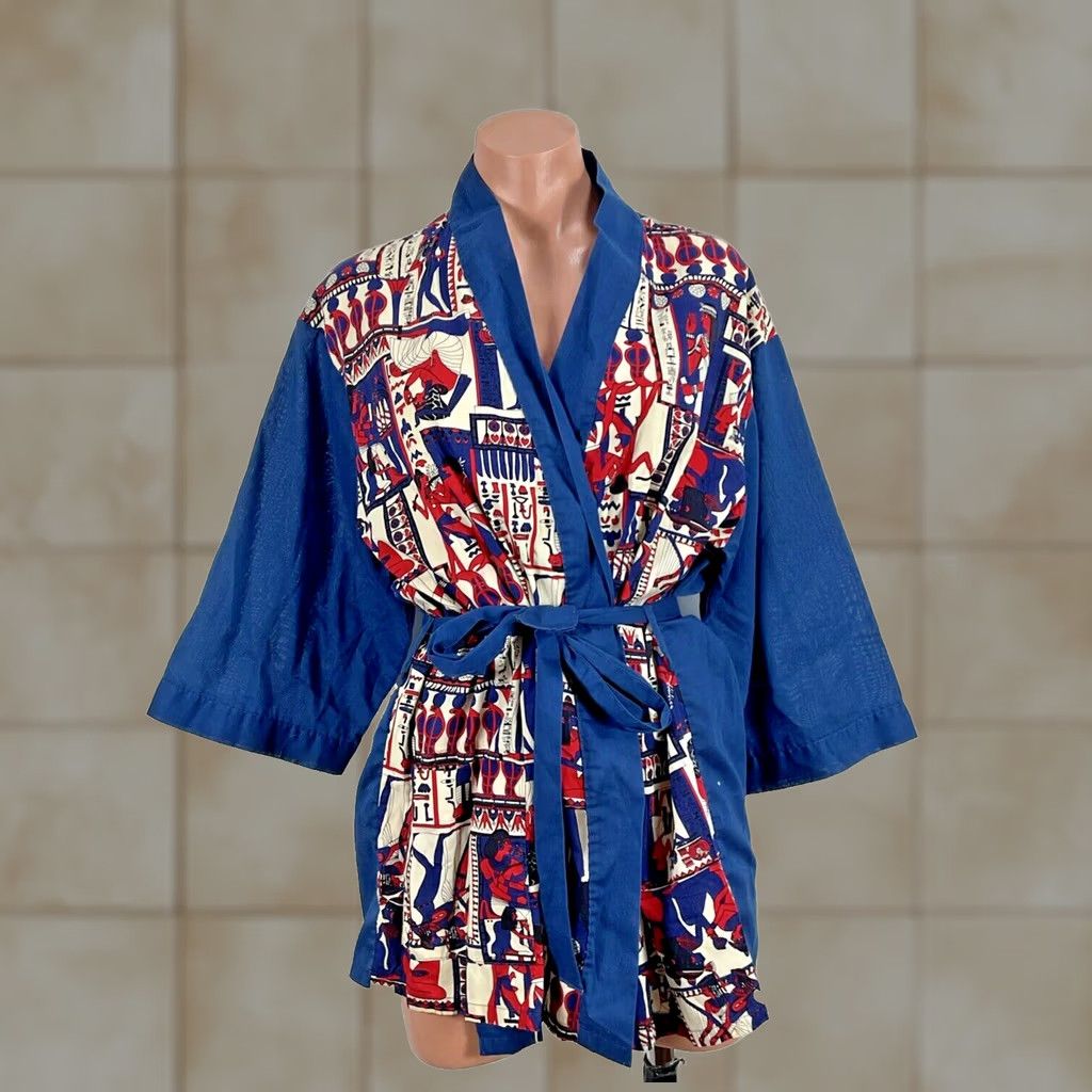 Vintage VINTAGE Montgomery Ward Smoking Jacket Belted Robe L Egyptian Print 70s Blue Robe Mens Size US 33 - 1 Thumbnail