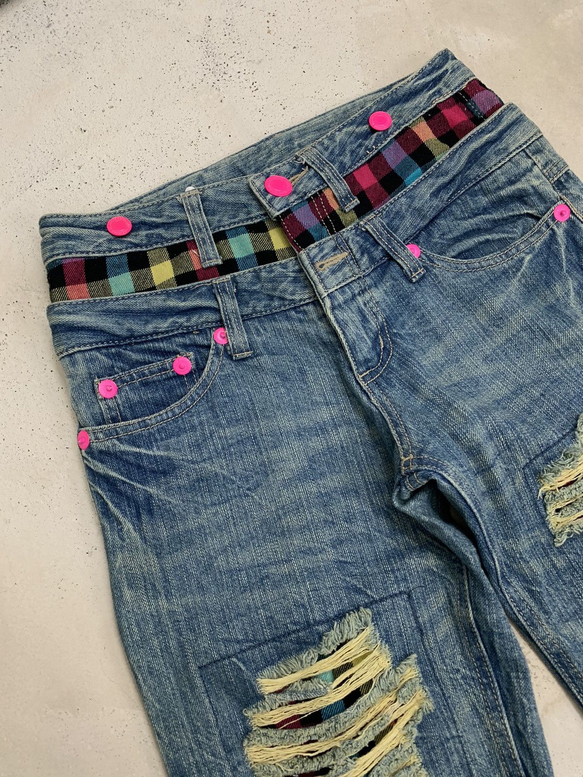 20471120 Double Waist Tartan Plaid Junya Style Distressed Rusty Denim Size US 27 - 4 Thumbnail