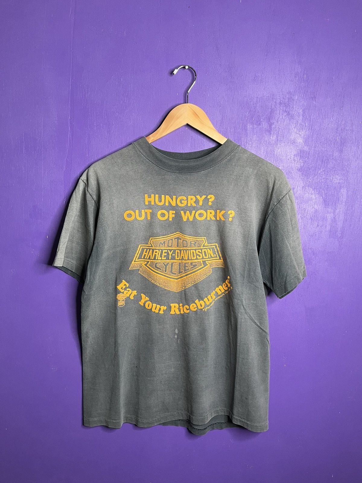 image of Vintage 80's Harley Davidson Eat Your Rice Burner T-Shirt in Black, Men's (Size Large)