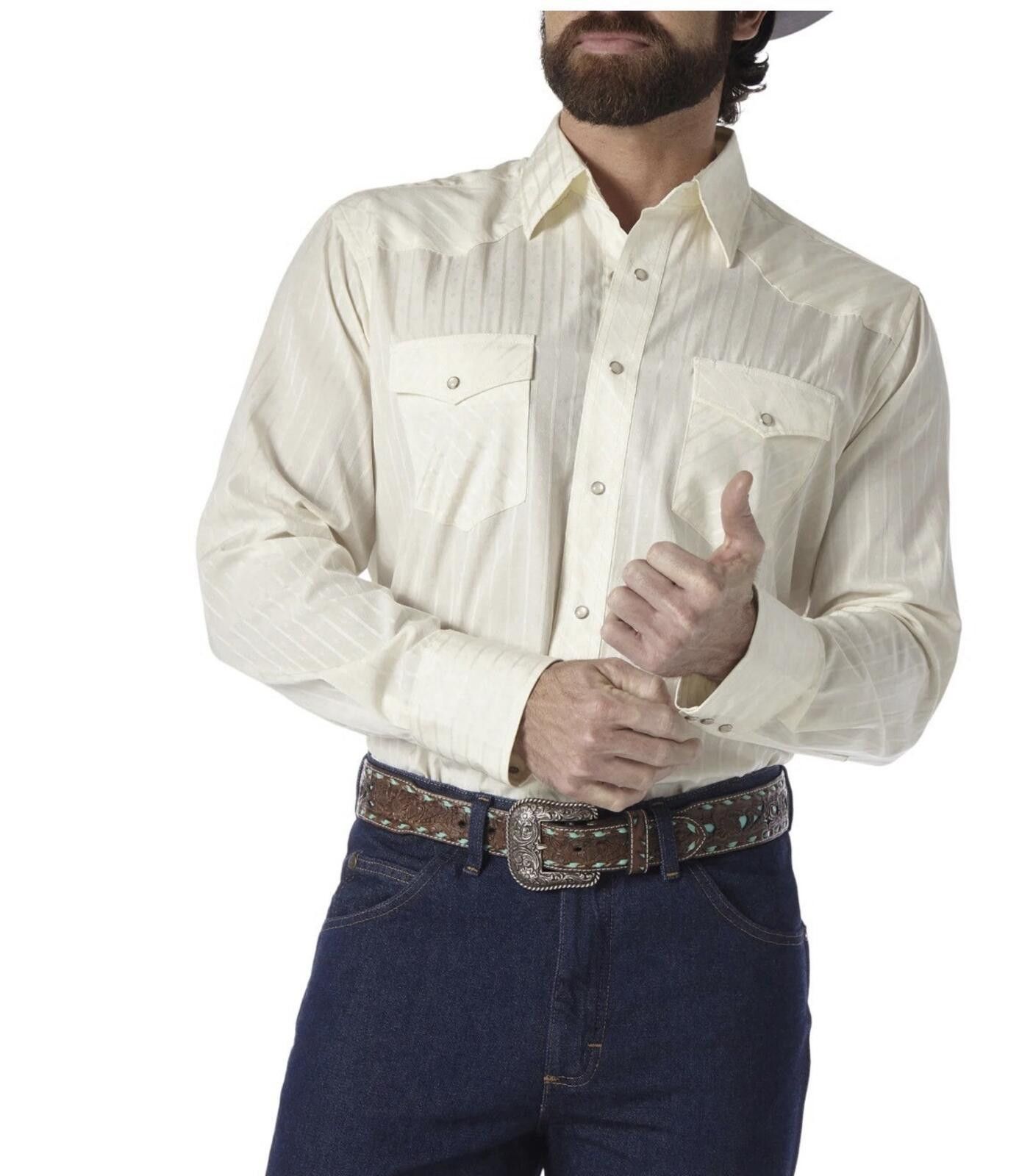 Wrangler Wrangler Men’s M Dobby Stripe Pearl Snap Western Shirt Cream Size US M / EU 48-50 / 2 - 1 Thumbnail