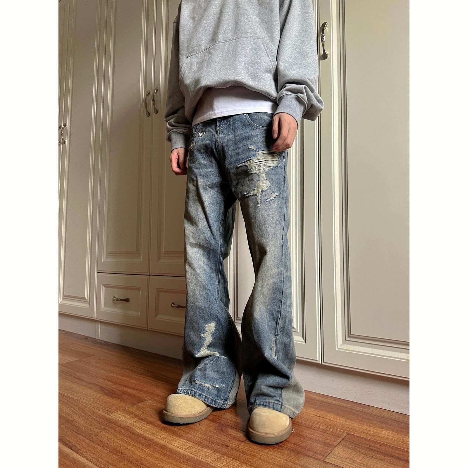 Jean Distressed Wide Leg Flare Jeans With Button Accents Size US 34 / EU 50 - 2 Thumbnail