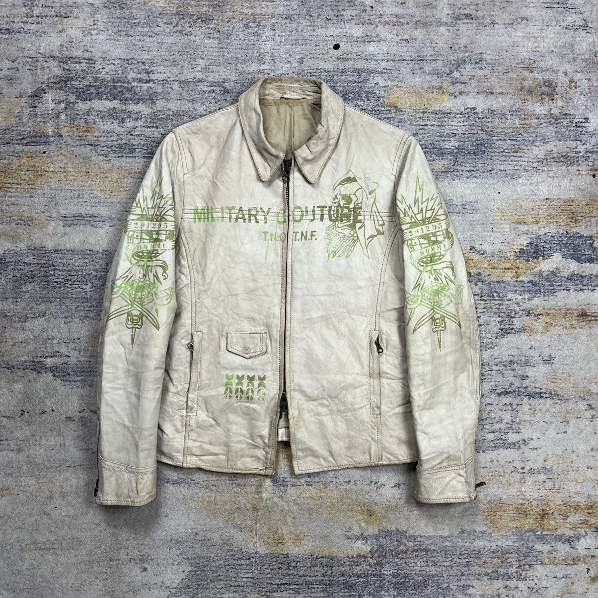 291295 homme military couture spell out rider leather jacket