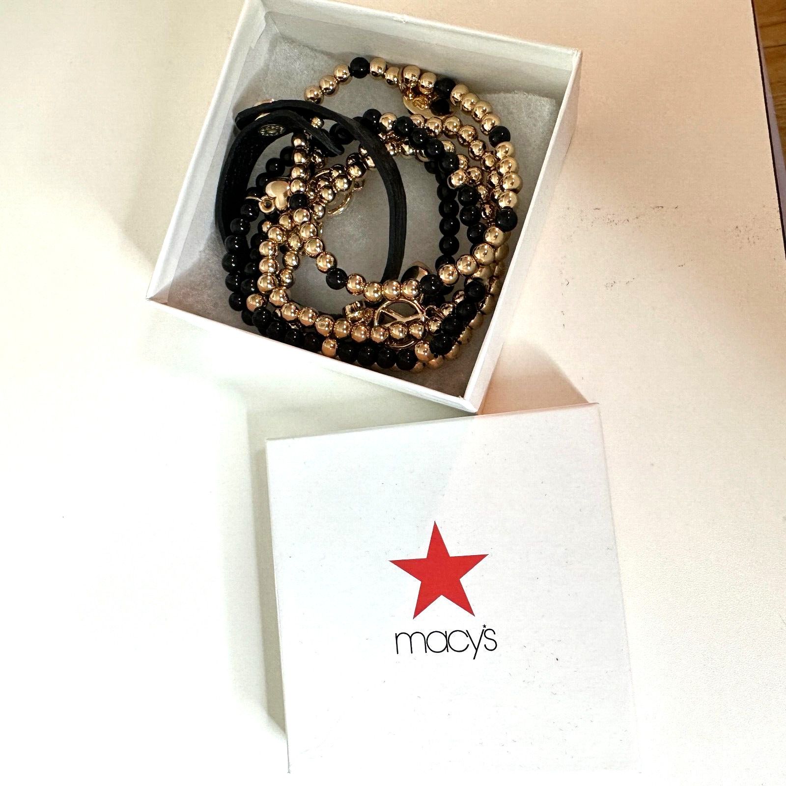 Macys Macy's Black & Gold Skull Heart Peace Bead Leather Bracelet Size ONE SIZE - 9 Thumbnail